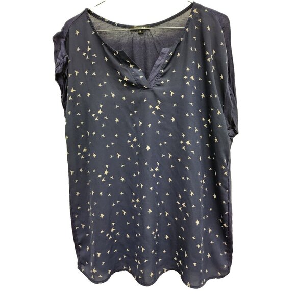 Papermoon Stitch Fix Womens BOHO Top Medium Navy Bird Print Short Sleeve Office - Picture 1 of 9